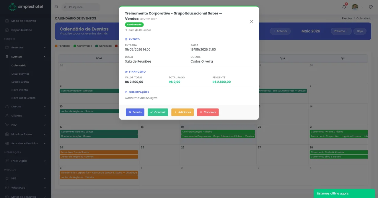 Detalhe de evento corporativo com financeiro integrado — Simpleshotel