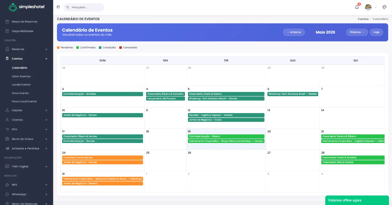 Calendário de eventos corporativos do hotel — Simpleshotel