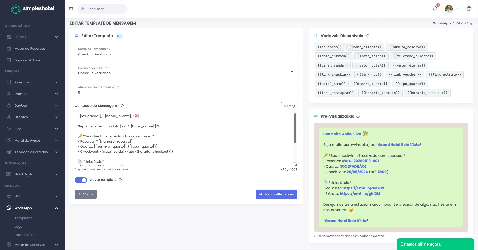 Editor de template de mensagem WhatsApp automatizado para hotéis — Simpleshotel